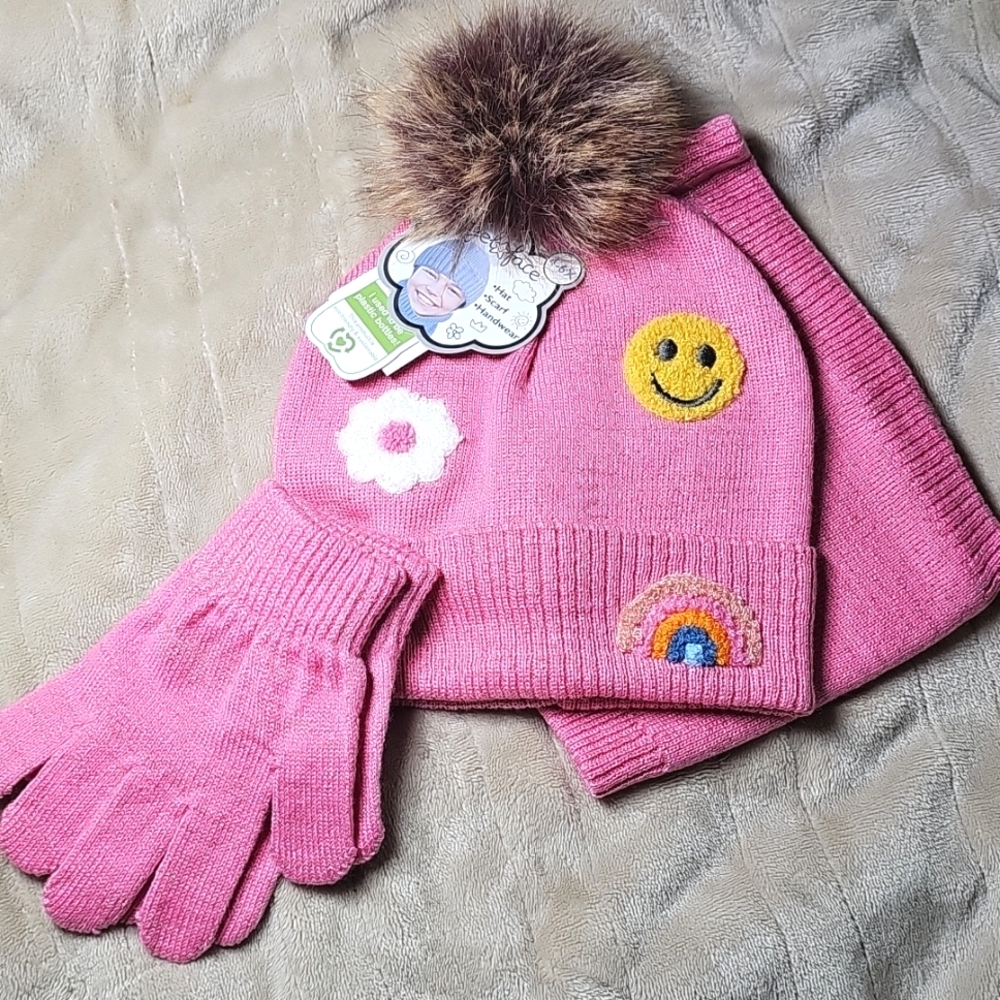 Angel Face Sparky Pink Beanie Hat Scarf & Glove Gift Set Size 4-6x Girly NEW Q26